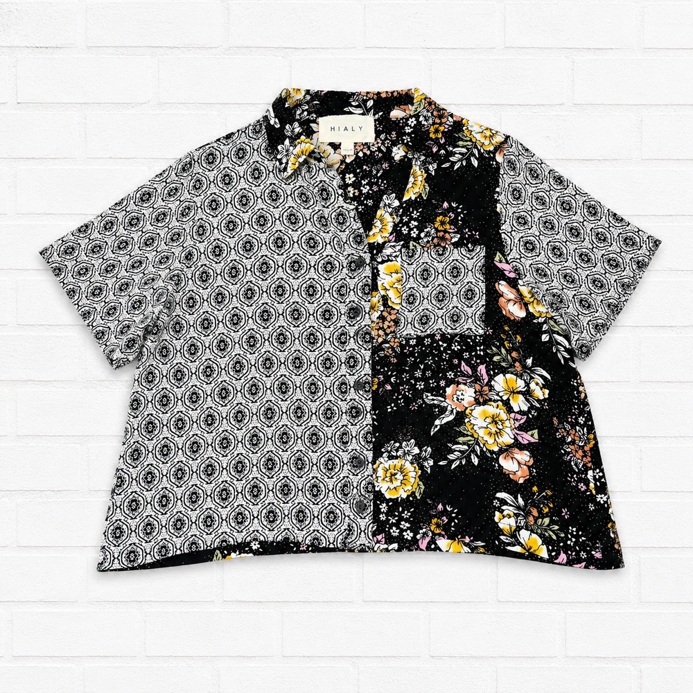 Hiatus Womens Floral Geometric Mixed Print Button Up Shirt Black Large Resort